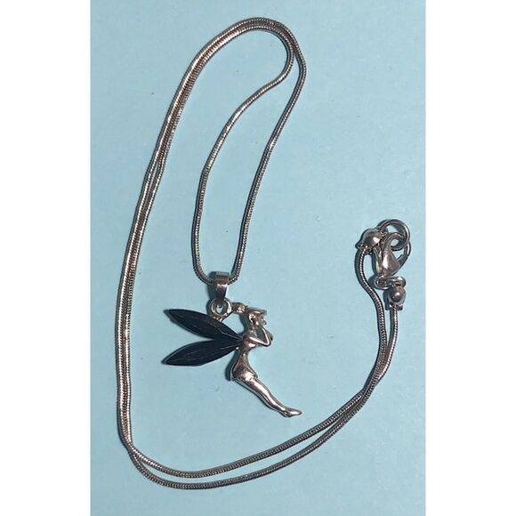 TINKERBELL shaped ,Black Fairy Necklace Collectible charm w/chain - Picture 1 of 4